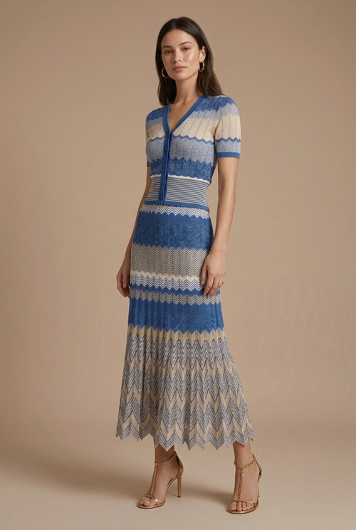 V-neck Color-block Wave Striped Sweater Pleated Mid-length Skirt Set