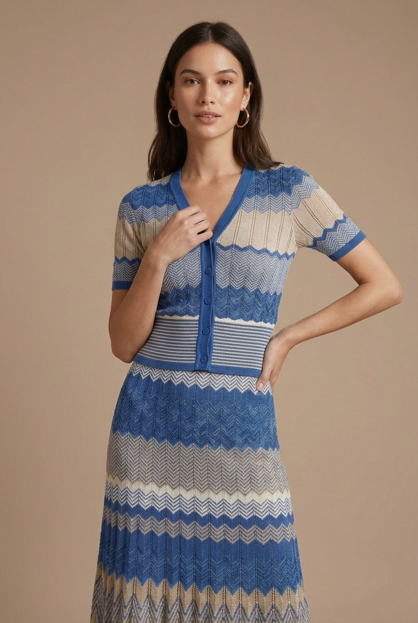 V-neck Color-block Wave Striped Sweater Pleated Mid-length Skirt Set