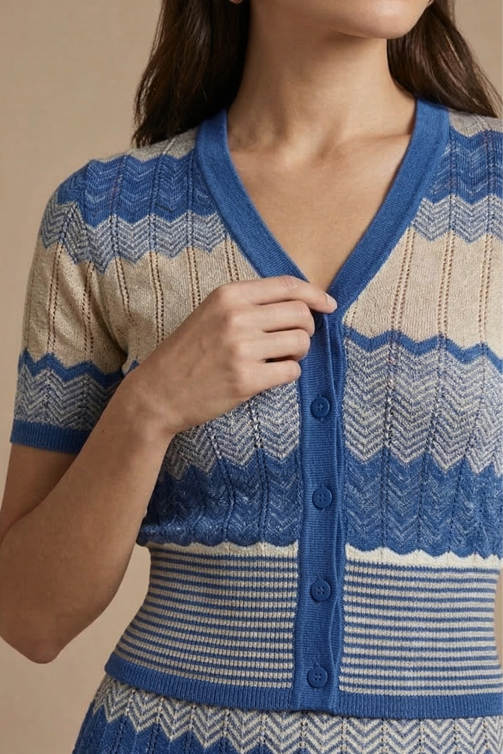 V-neck Color-block Wave Striped Sweater Pleated Mid-length Skirt Set