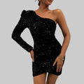 Women's Sequin Bodycon Mini Dress - One Shoulder Single Sleeve