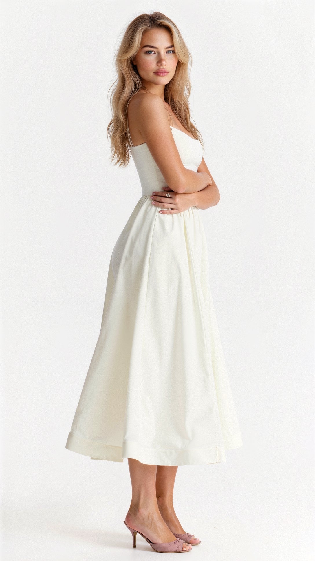 Women’s Spaghetti Strap A Line Midi Dress with Fitted Bodice