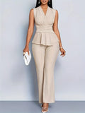 Women's Knit V-Neck Sleeveless Peplum Top Wide Leg Pants Set