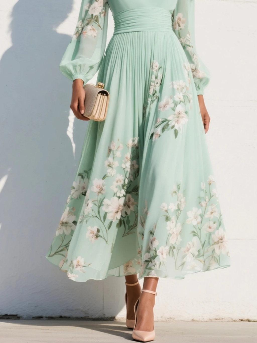 Women's Floral Border Print Maxi Dress - V-Neck Bishop Long Sleeves