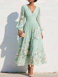 Women's Floral Border Print Maxi Dress - V-Neck Bishop Long Sleeves