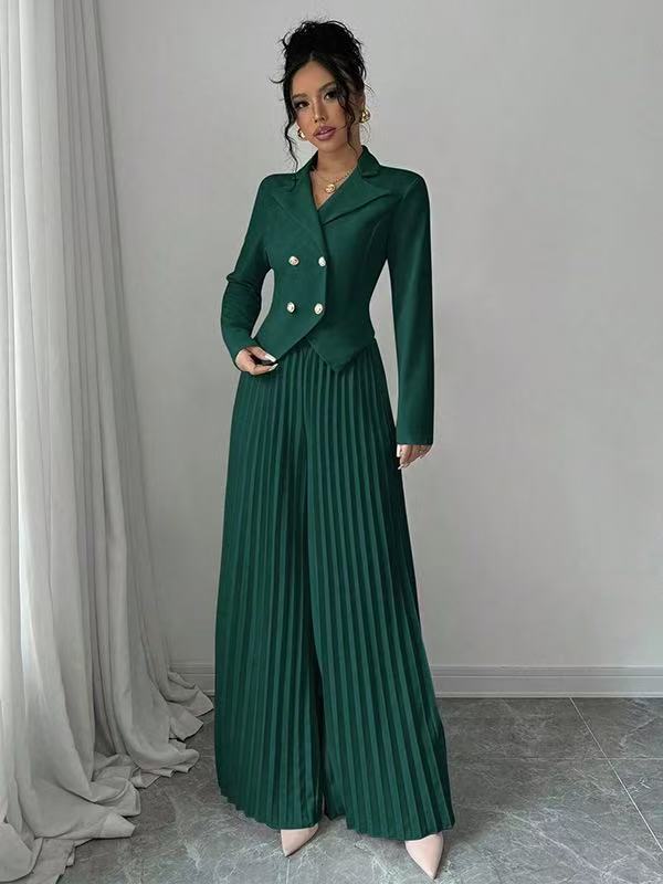 Women's Two Piece Suit Set - Double Breasted Cropped Blazer - Pleated Wide Leg Pants