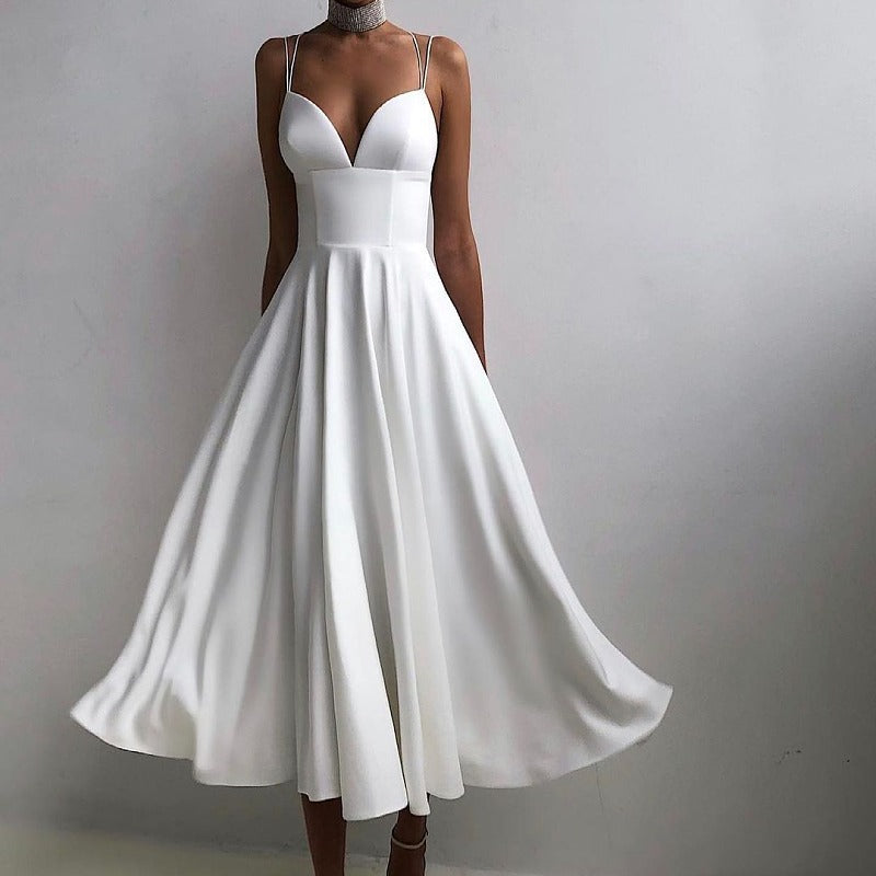 Women's V-Neck Midi Dress - Flowy A-Line Skirt - Dual Strap