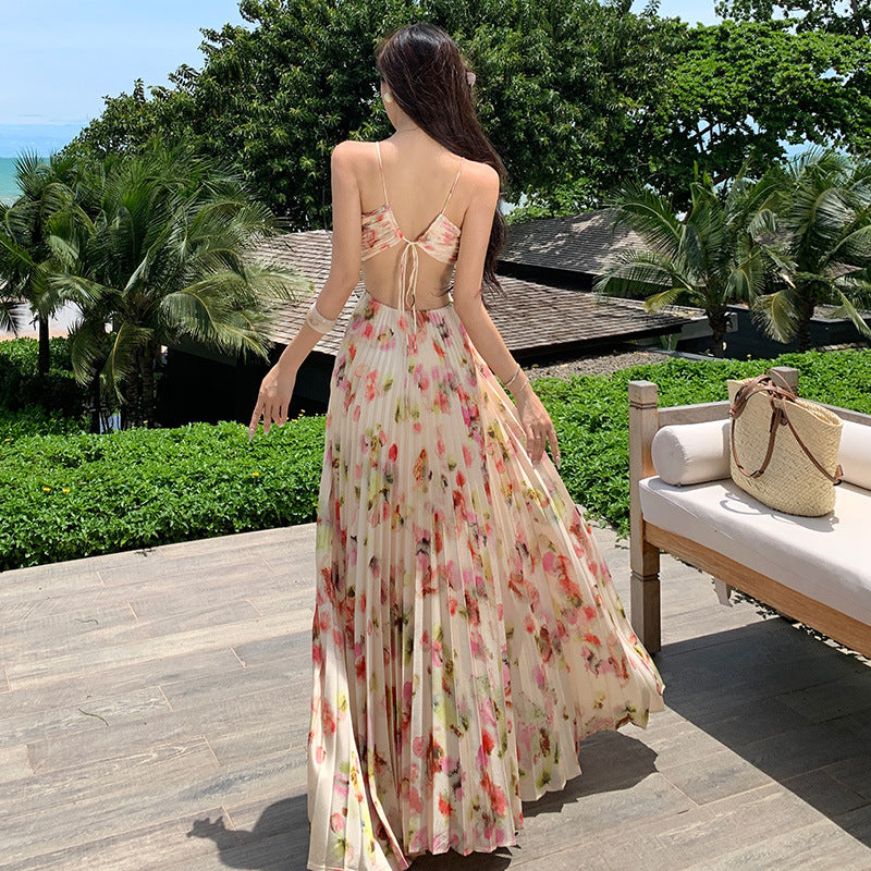 Women's Floral Halter Neck Pleated Open Back Maxi Dress - Cut Out