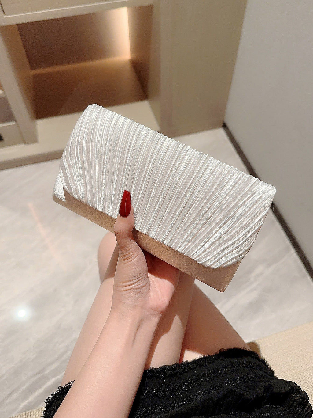 Women's Pleated Satin Clutch Bag Envelope with Flap Closure