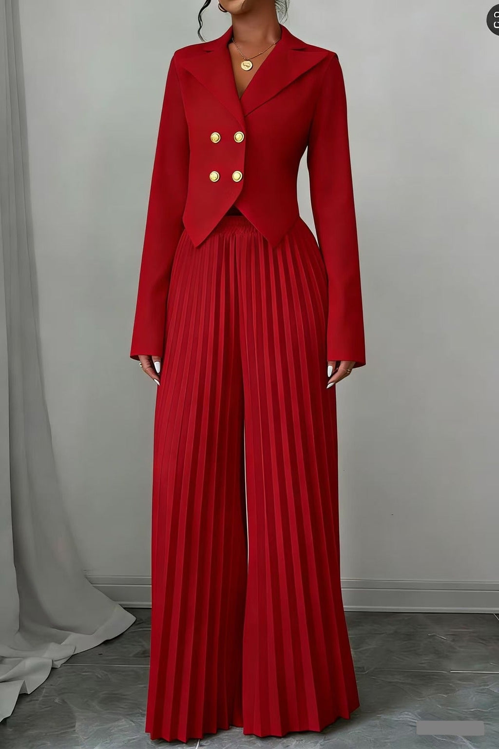 Women's Two Piece Suit Set - Double Breasted Cropped Blazer - Pleated Wide Leg Pants