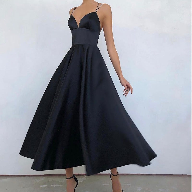Women's V-Neck Midi Dress - Flowy A-Line Skirt - Dual Strap