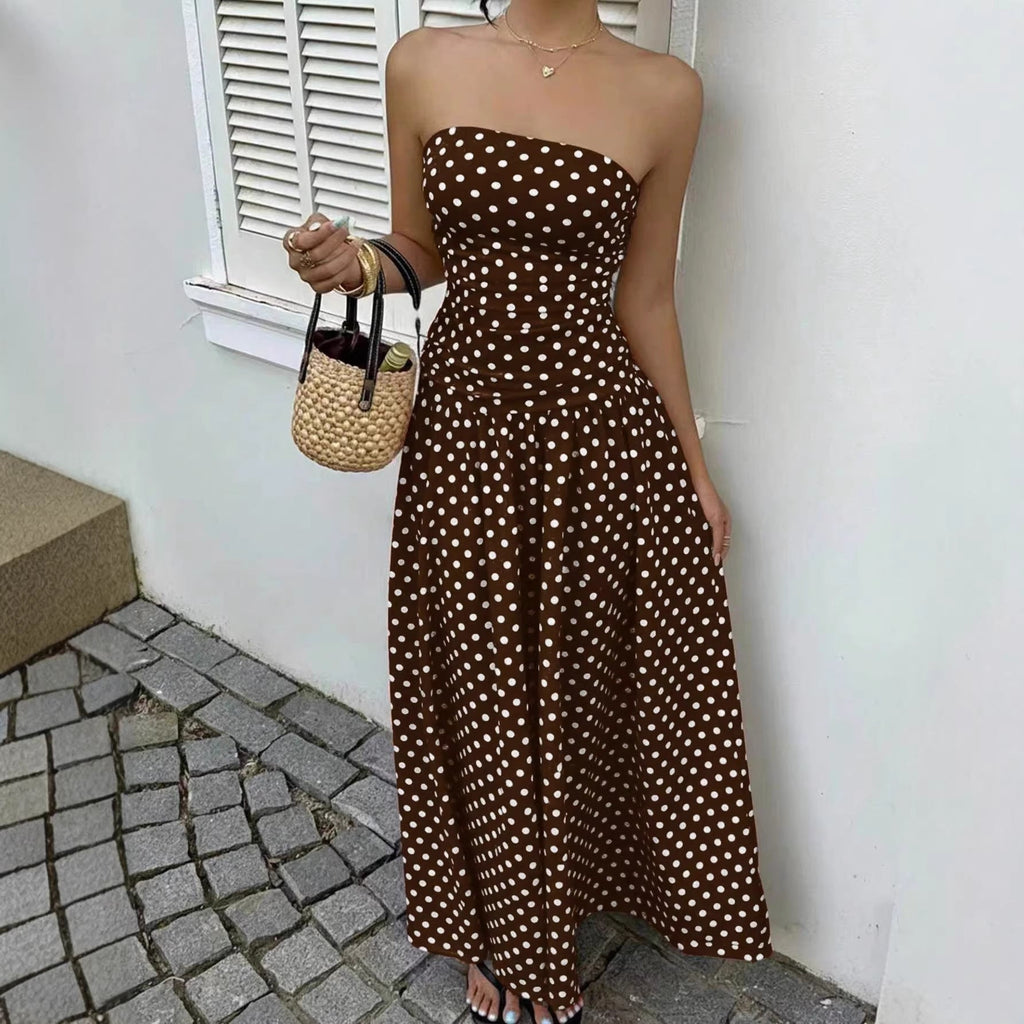 Women's Strapless Polka Dot Ruched Maxi Dress - Flowy Skirt