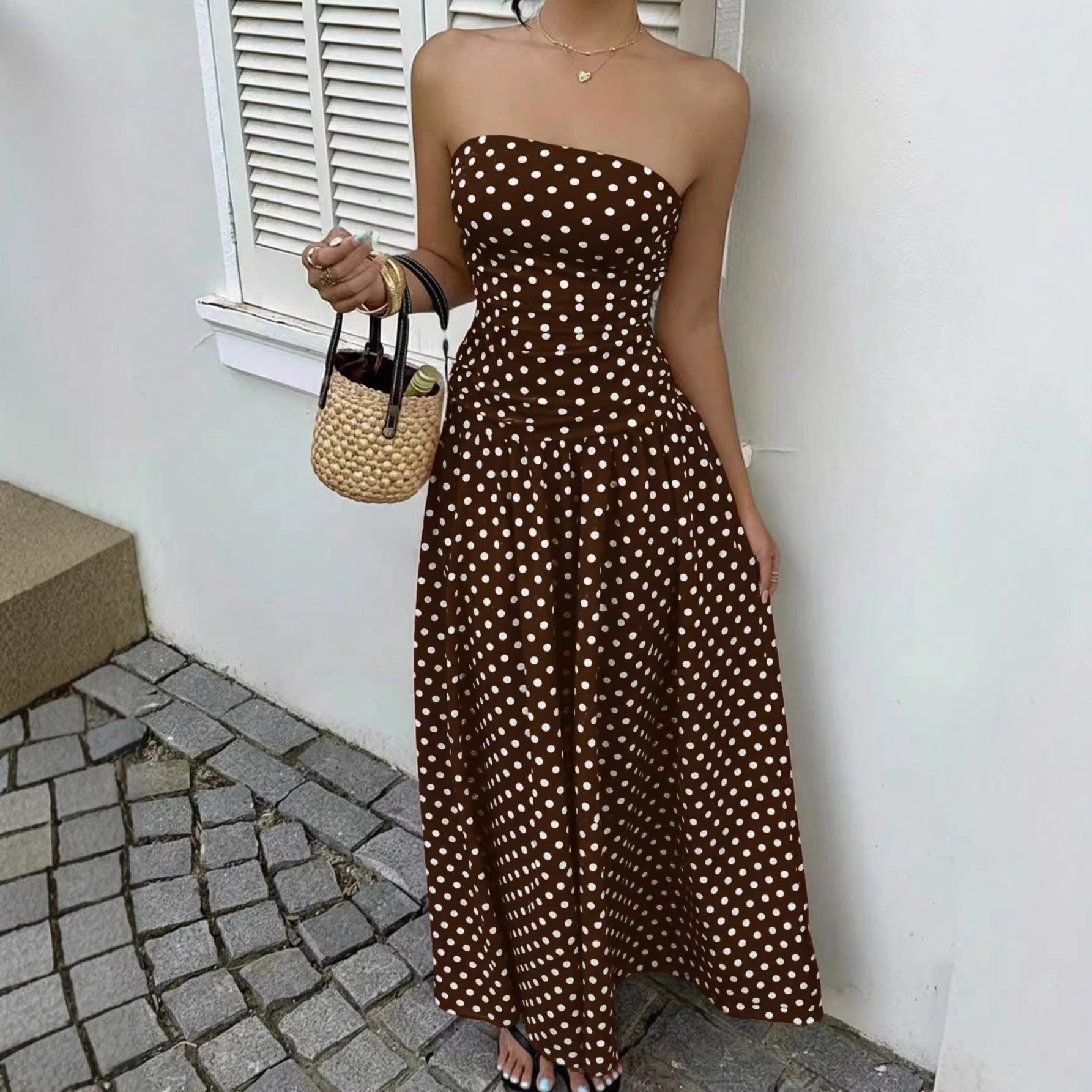Women's Strapless Polka Dot Ruched Maxi Dress - Flowy Skirt