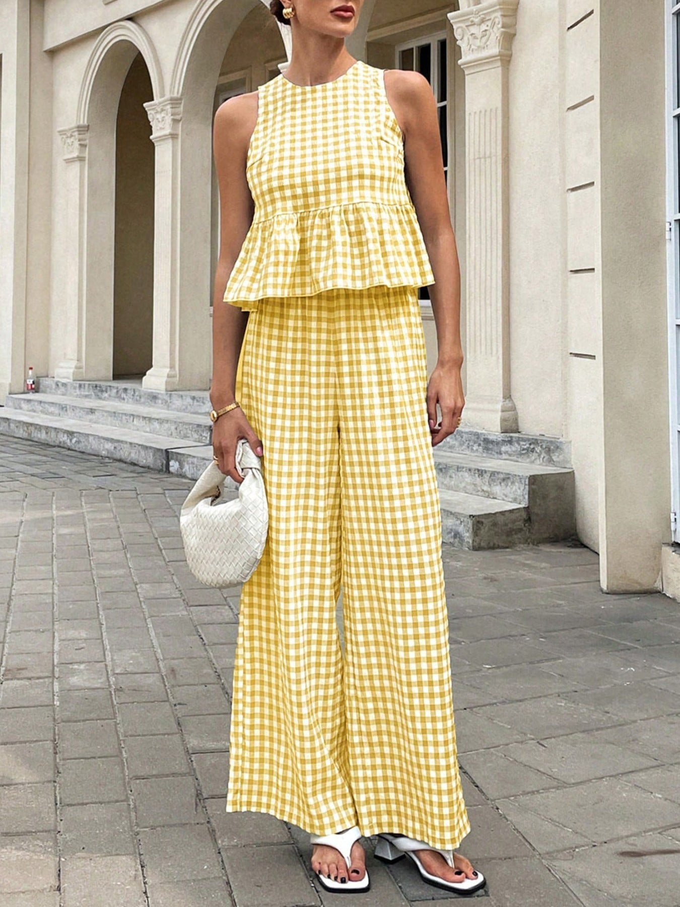 Women's Gingham Sleeveless Peplum Top and Wide Leg Pants - 2 Piece Set