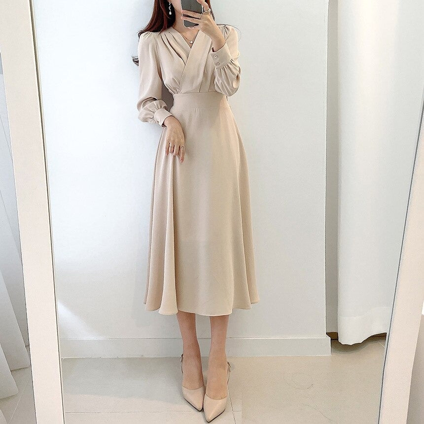 Women's V Neck Puff Sleeve A Line Midi Dress - Long Sleeve
