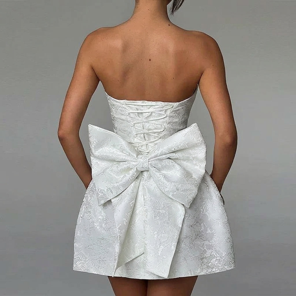Women's Strapless Jacquard Mini Dress - Lace-Up Back with Bow