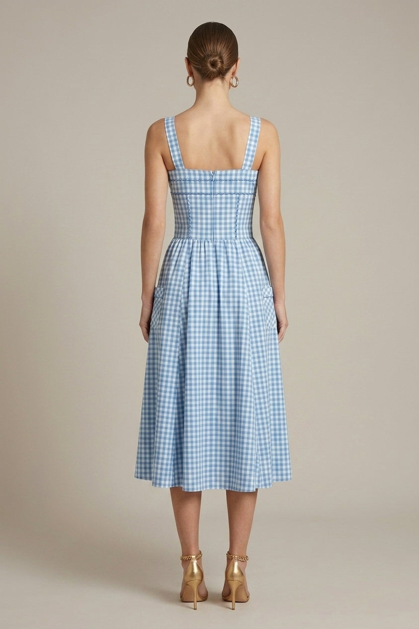 Women's Plaid Gingham Square Neck Button Front Midi Dress