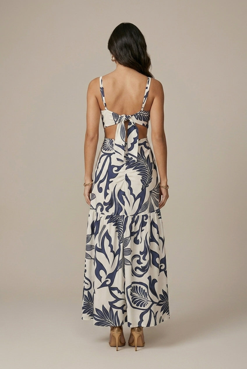 Women's Floral Print Waist Tie Cutout Maxi Dress