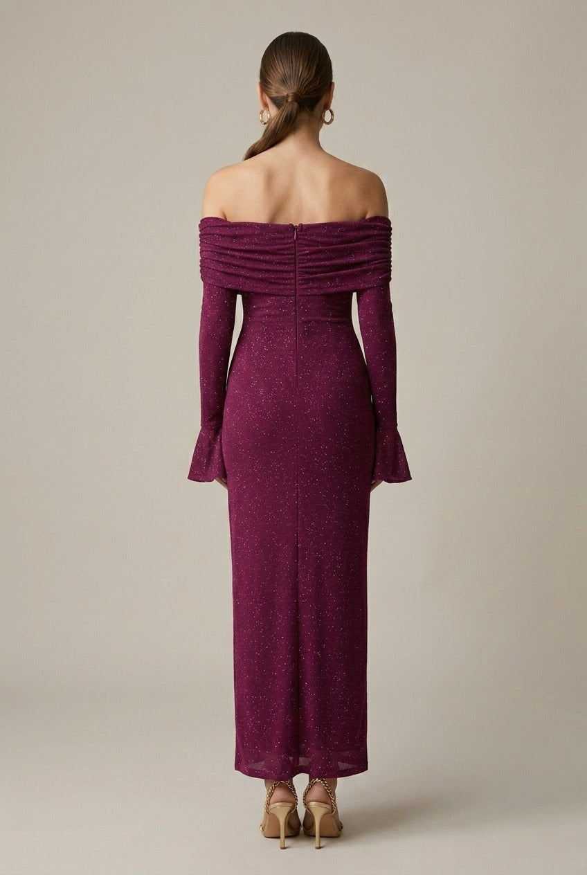 Women's Glitter Mesh Off Shoulder Maxi Dress - Long Sleeve Bodycon with Folded Bardot Neckline