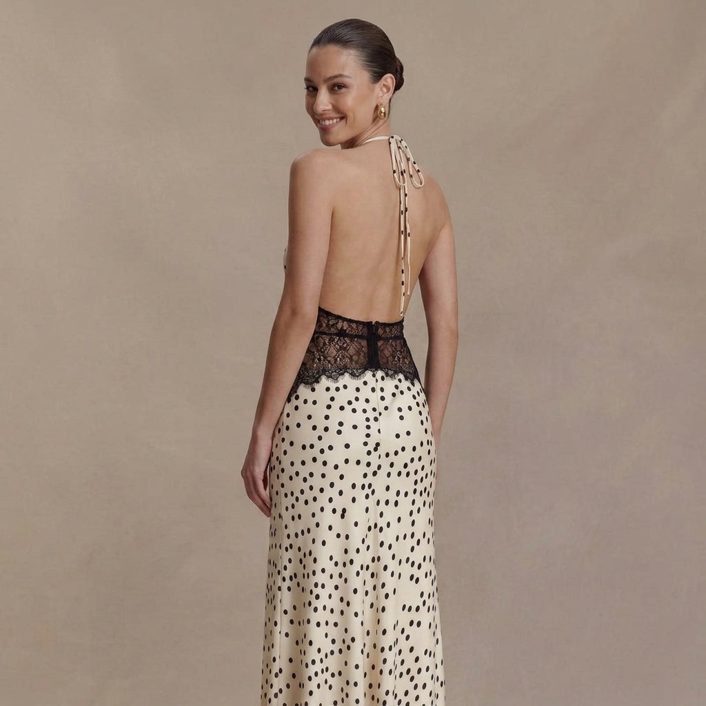 Women's Halter Neck Backless Lace Waist Maxi Dress