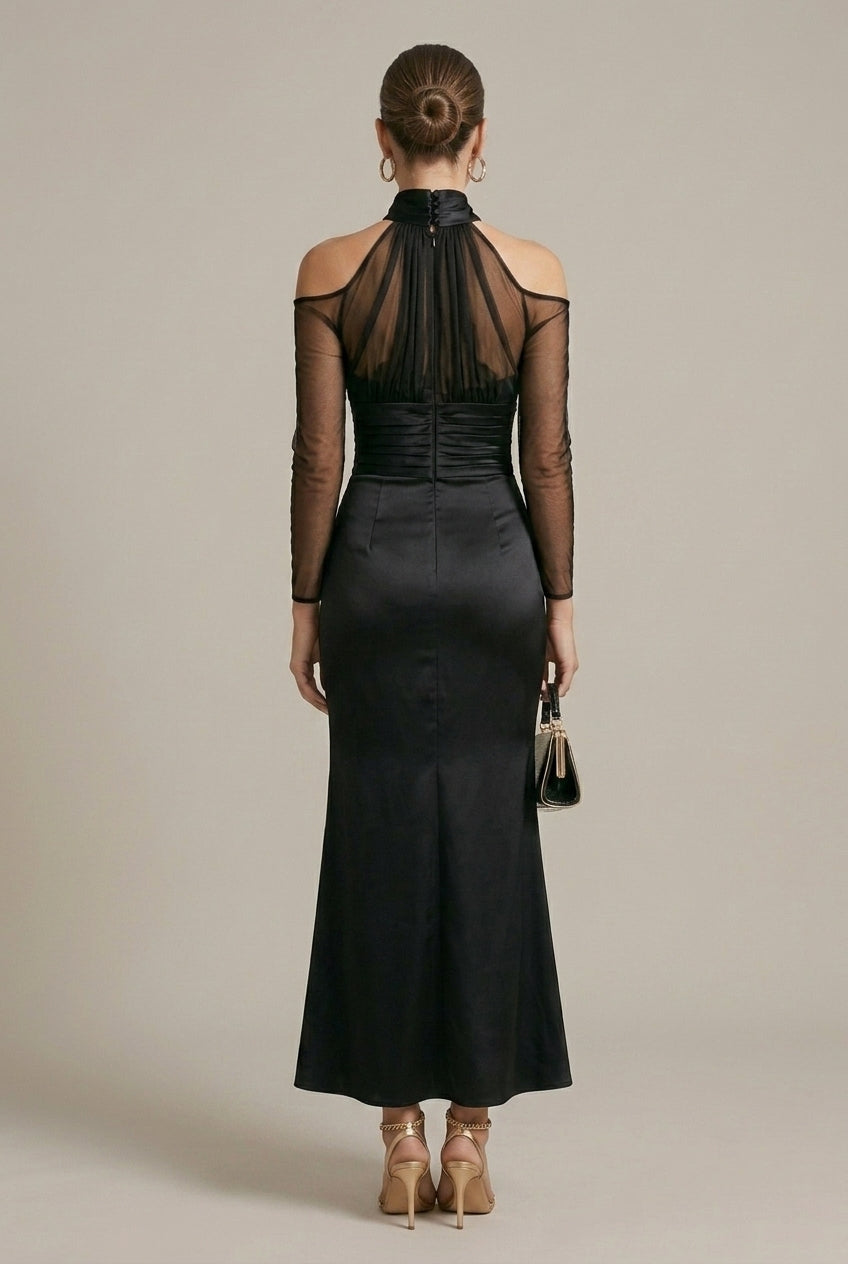 Women's Formal Maxi Dress - High Neck Cold Shoulder Sheer Mesh Long Sleeve Ruched Mermaid Silhouette