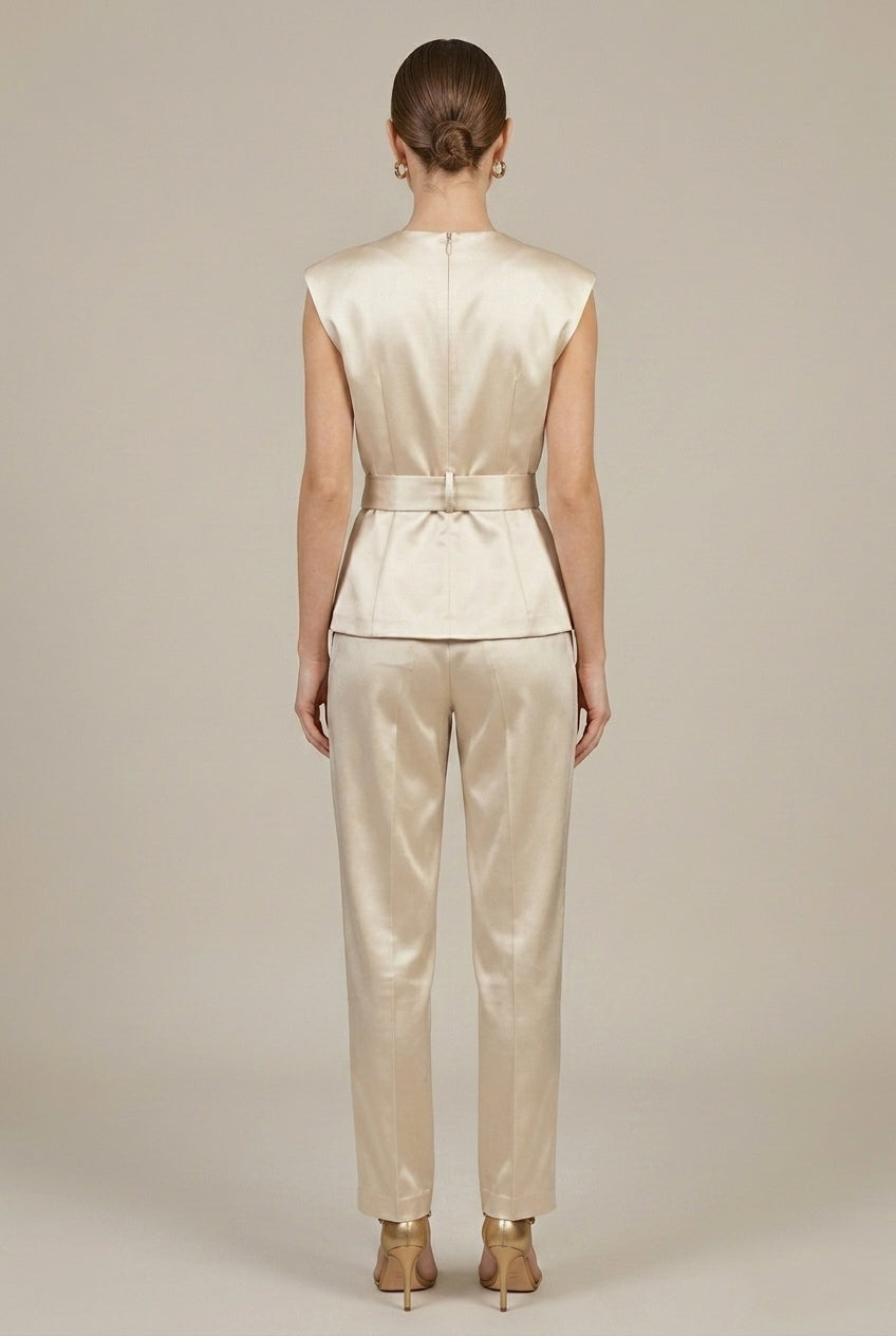 Women's Tailored Sleeveless Wide Collar Blazer with Bow Detail Pant Suit