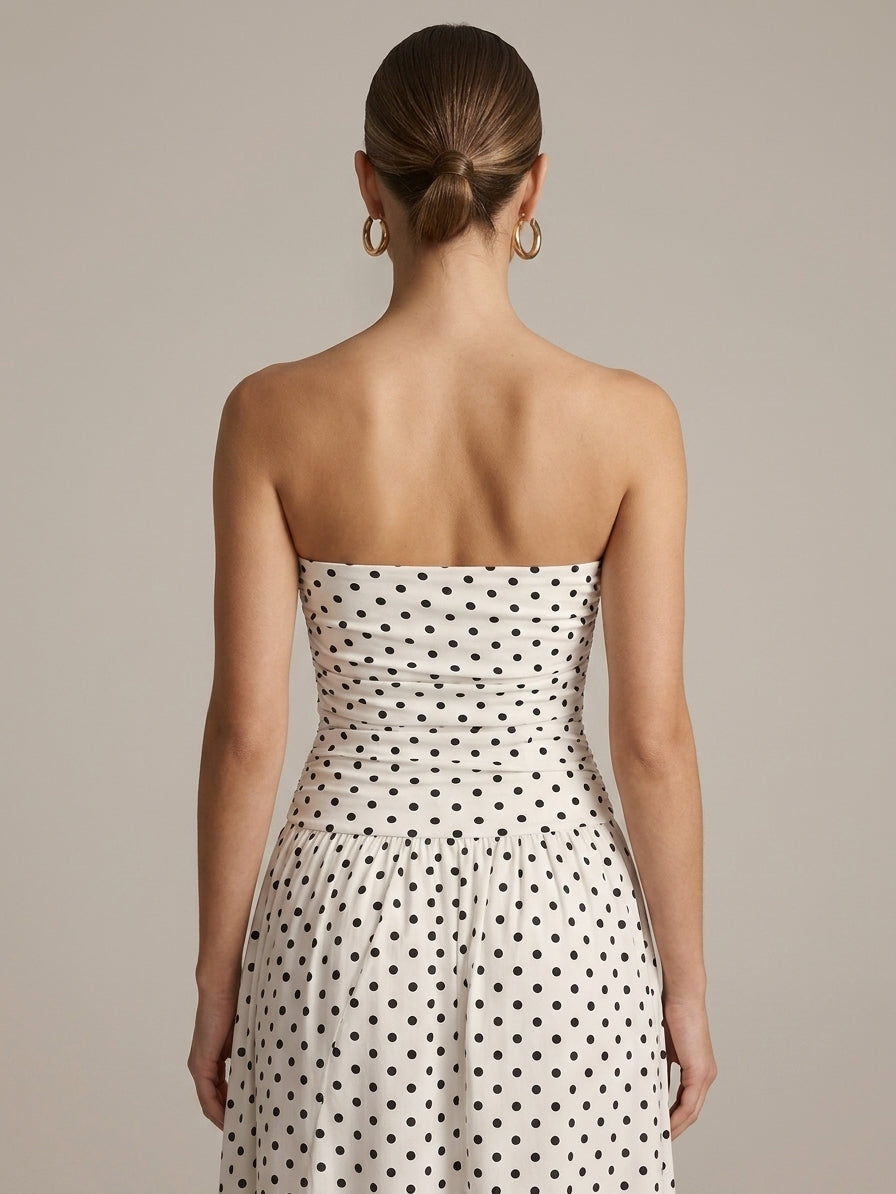 Women's Strapless Polka Dot Ruched Flowy Maxi Dress