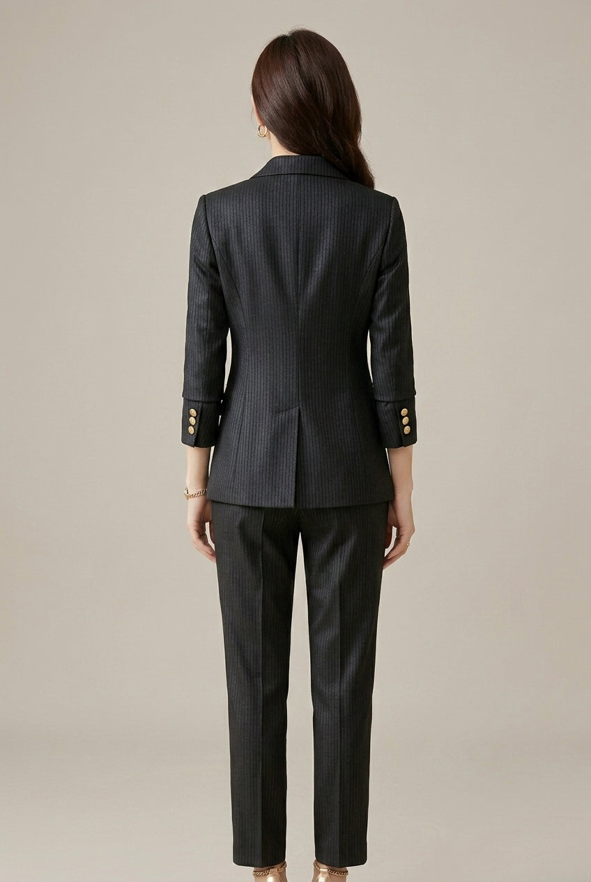 Women’s Double Breasted Textured Suit Set with Tailored Blazer and Slim Trousers Elegant Workwear Style