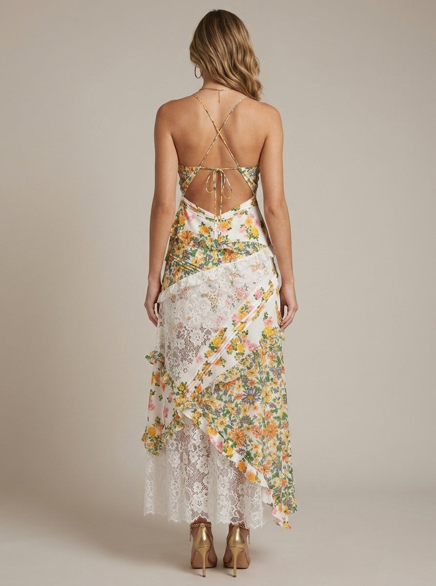 Women's Floral Maxi Dress - Spaghetti Strap V-Neck Lace Panel Ruffle