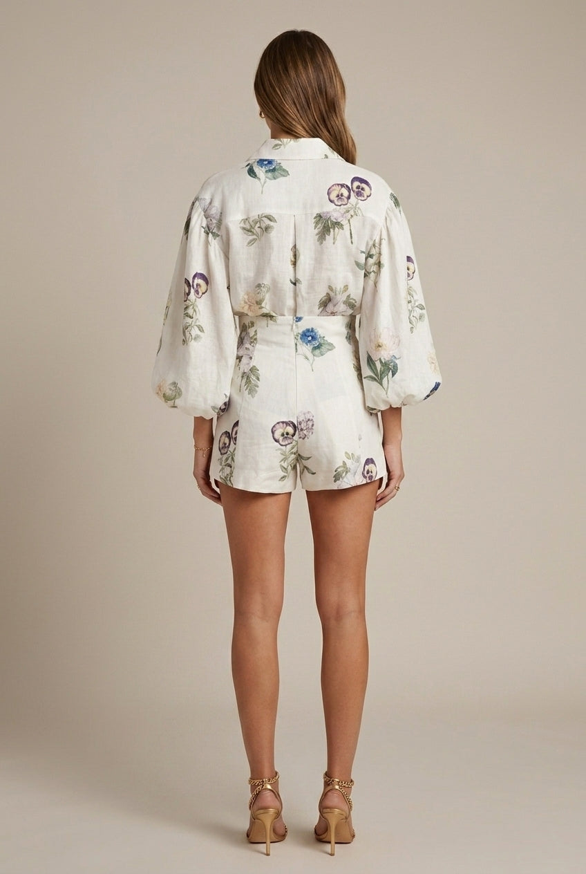 Women's Floral Linen Blend Balloon Sleeve Shirt and High Waist Shorts - Two Piece Set