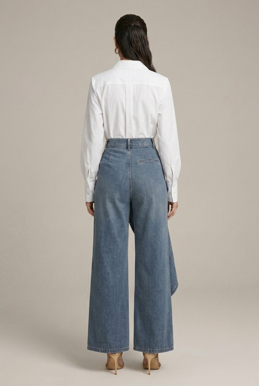 Women's High-Waist Wide Leg Denim Pants with Asymmetric Skirt Overlay
