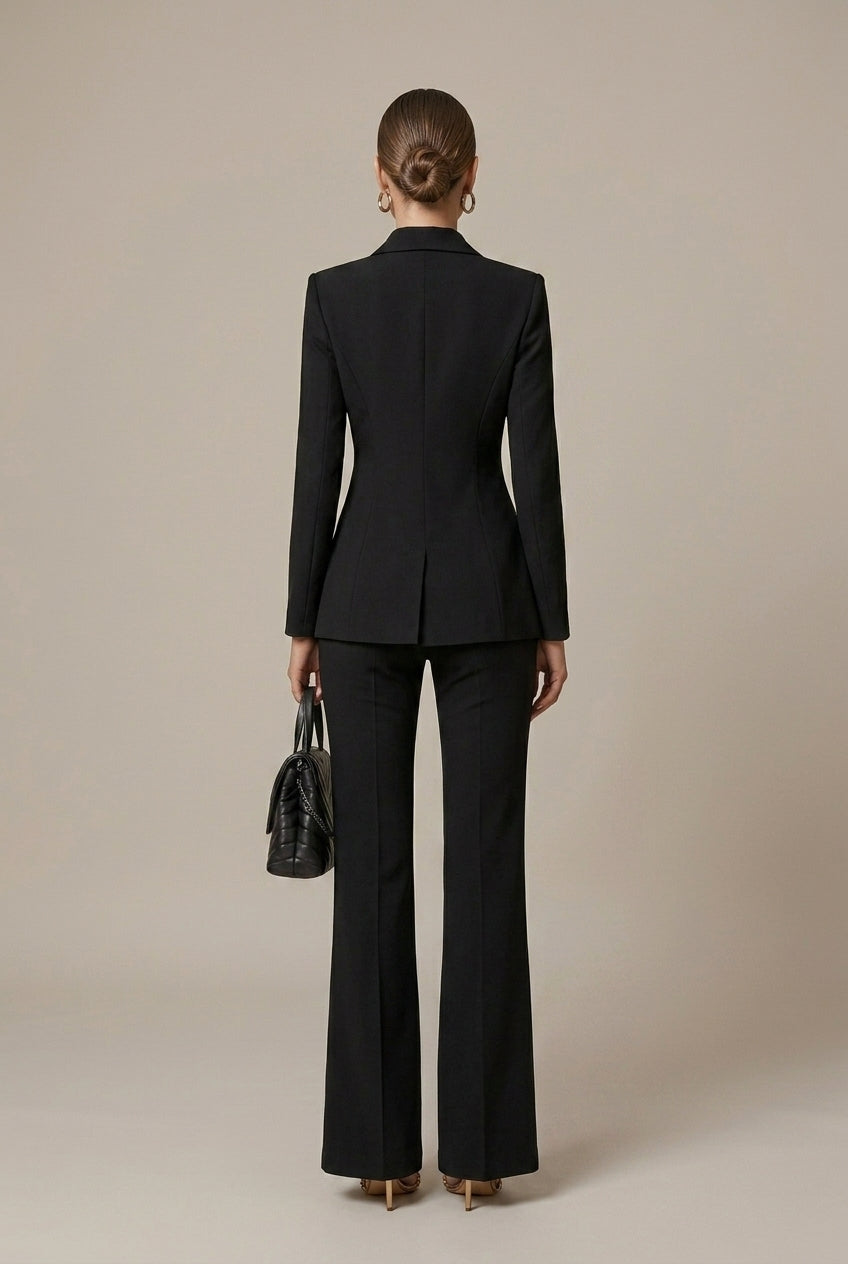 Women's Double-Breasted Blazer Wide Leg Pant Suit - Black Color