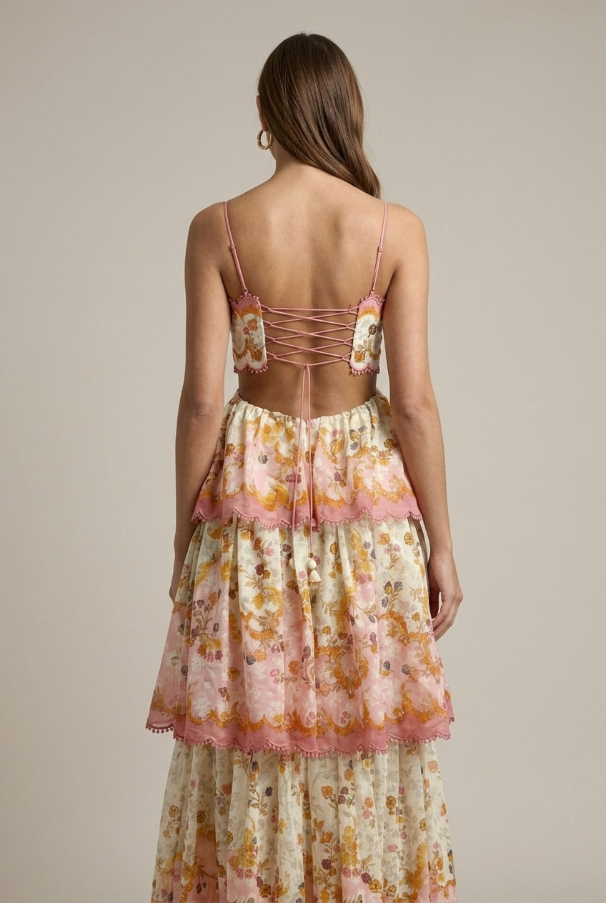Women's Sleeveless Floral Print Maxi Dress - Scallop Trim - Tiered Skirt