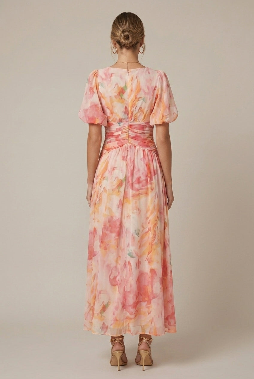 Women's Puff Sleeve Floral Print Maxi Dress - Deep V-Neck - Ruched Waist