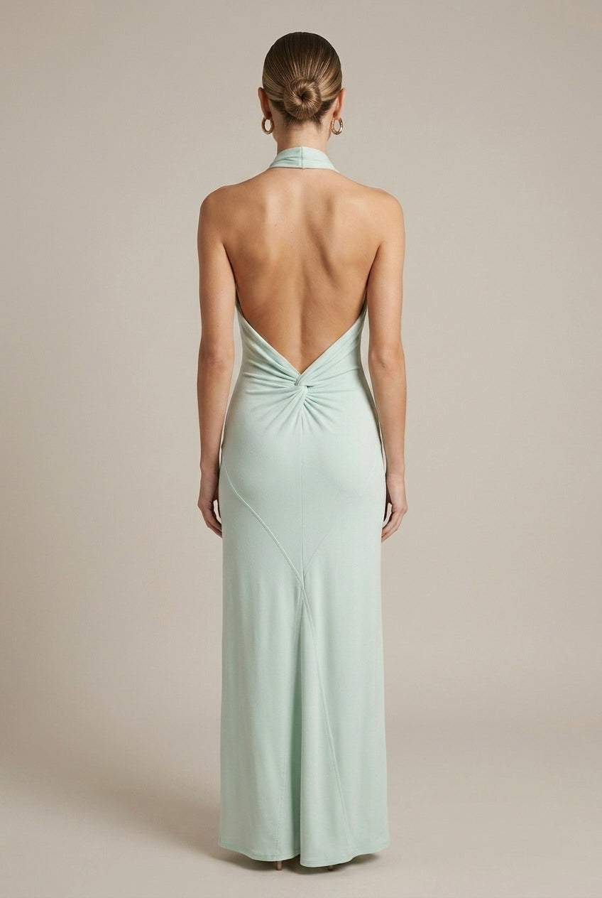 Women's Halter Neck Maxi Dress - Twisted Knot Neckline - Open Back - Formal