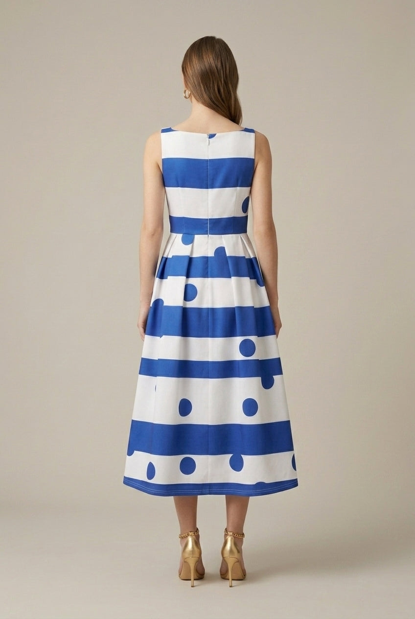Women's Dot Striped Combo Sleeveless Tank Dress - Flared Swing