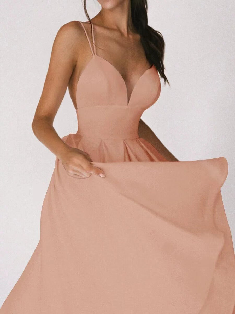 Women's V-Neck Midi Dress - Flowy A-Line Skirt - Dual Strap