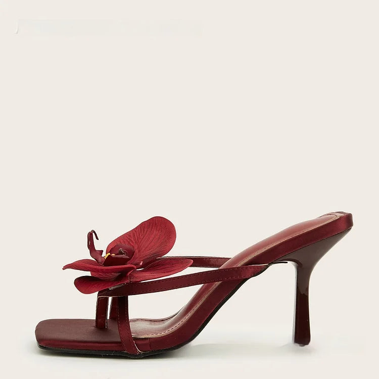 Women's Heels - Flower Detail Square Toe Thong Stiletto Mule Sandals