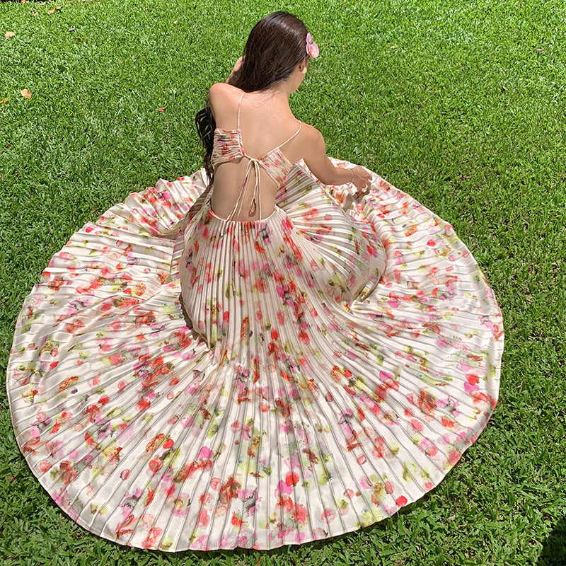 Women's Floral Halter Neck Pleated Open Back Maxi Dress - Cut Out