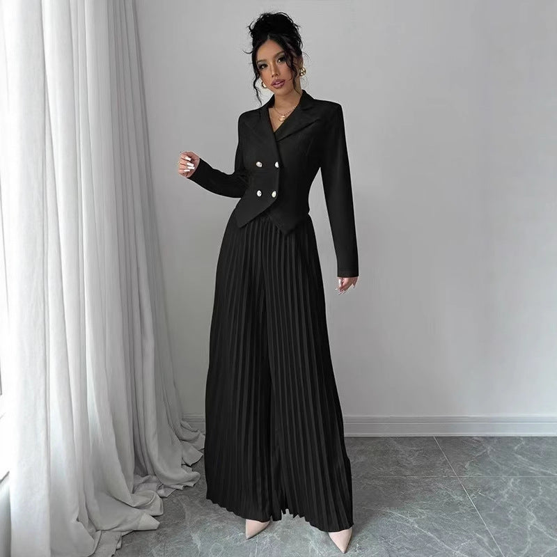 Women's Two Piece Suit Set - Double Breasted Cropped Blazer - Pleated Wide Leg Pants