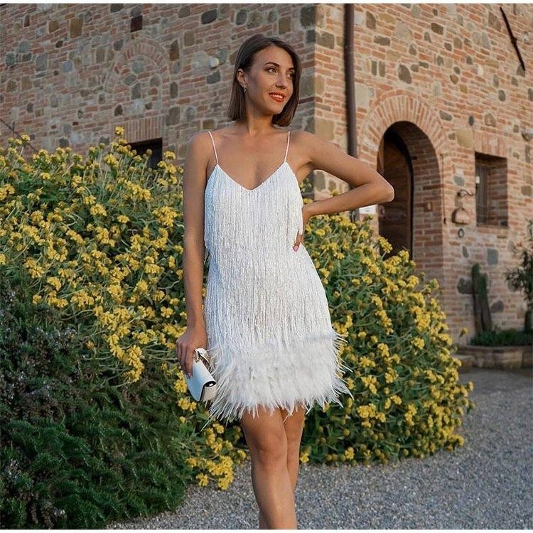 Women’s Fringe Mini Party Dress with Spaghetti Straps For Occasion Slip Dress
