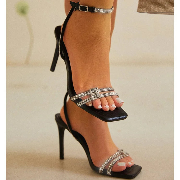 Women's Stiletto Heels - Rhinestone Strap Square Toe Ankle Buckle Sandals