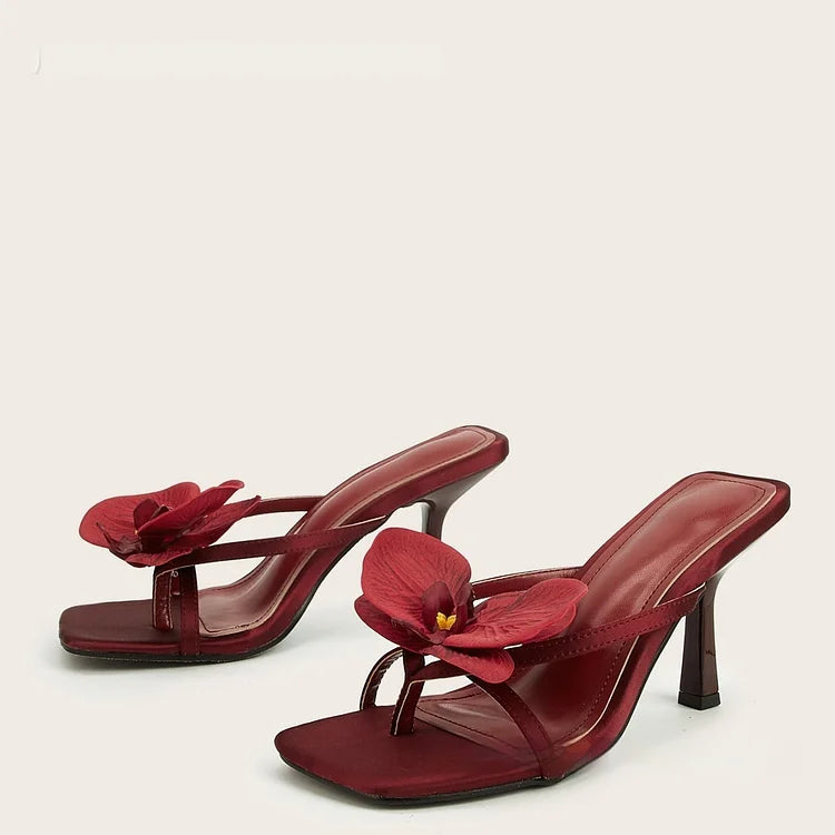 Women's Heels - Flower Detail Square Toe Thong Stiletto Mule Sandals