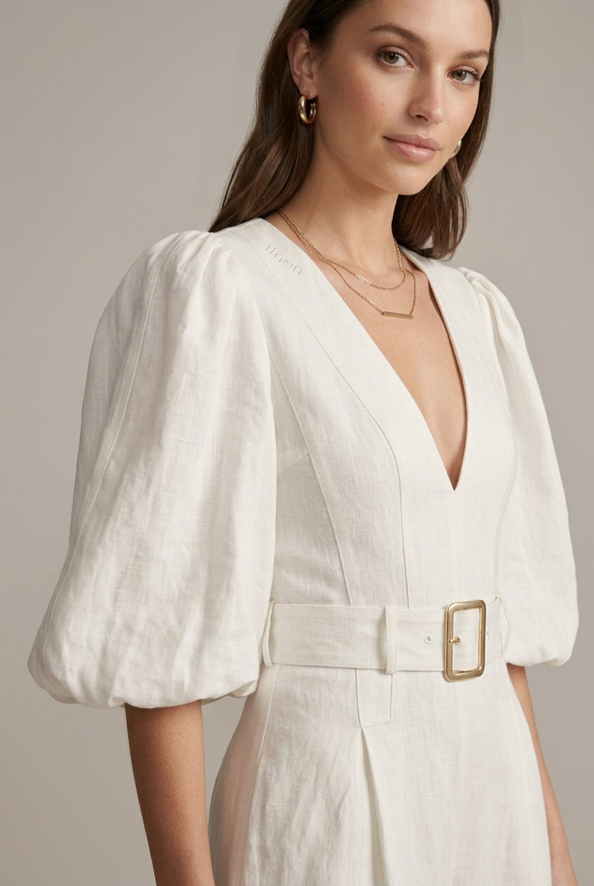 Women's V-Neck Puff Sleeve Wide Leg Belted Jumpsuit