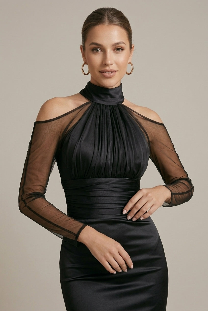 Women's Formal Maxi Dress - High Neck Cold Shoulder Sheer Mesh Long Sleeve Ruched Mermaid Silhouette