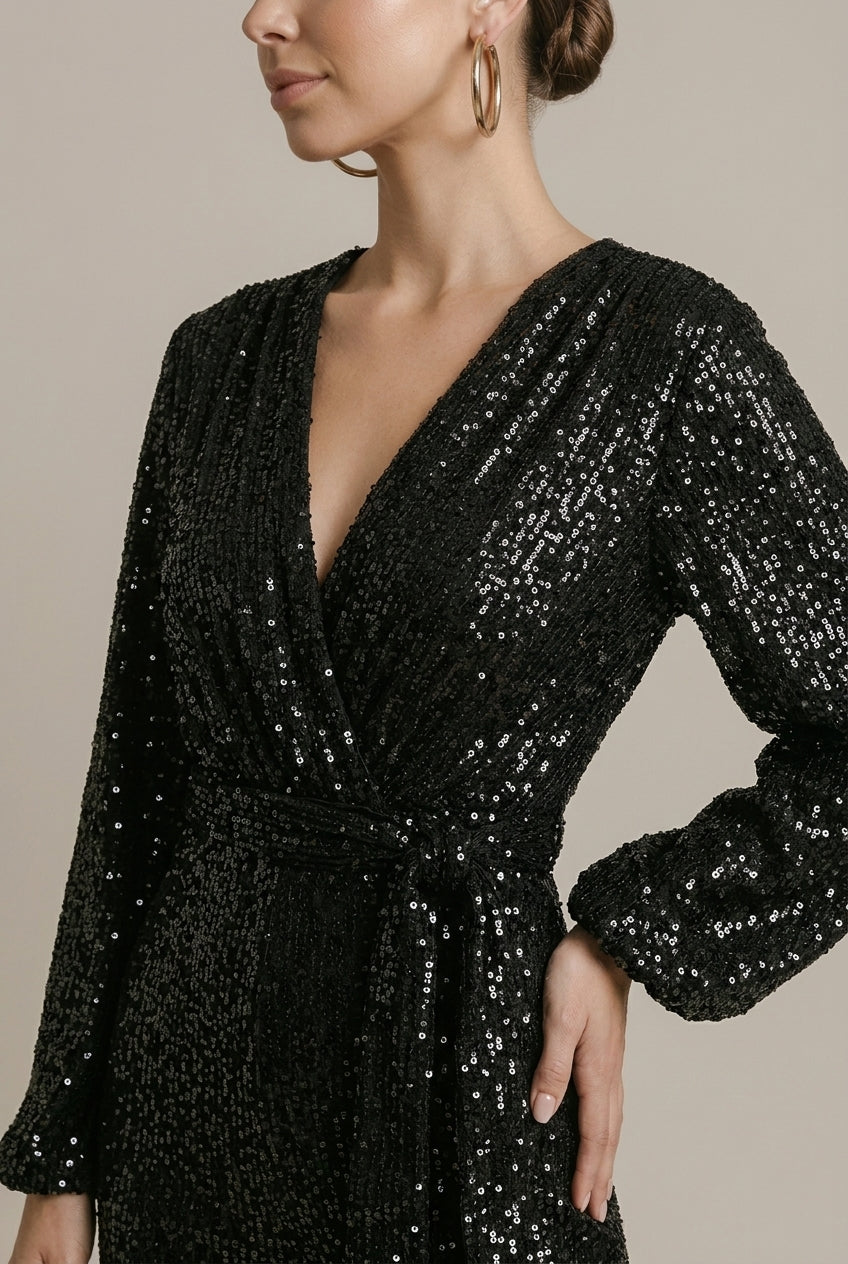 Women's Sequin Wrap Jumpsuit - Long Sleeve - Wide Leg - V-Neck