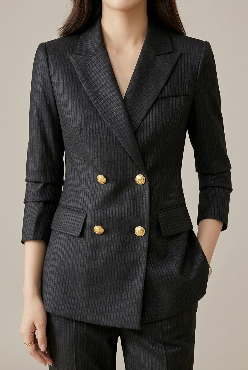 Women’s Double Breasted Textured Suit Set with Tailored Blazer and Slim Trousers Elegant Workwear Style