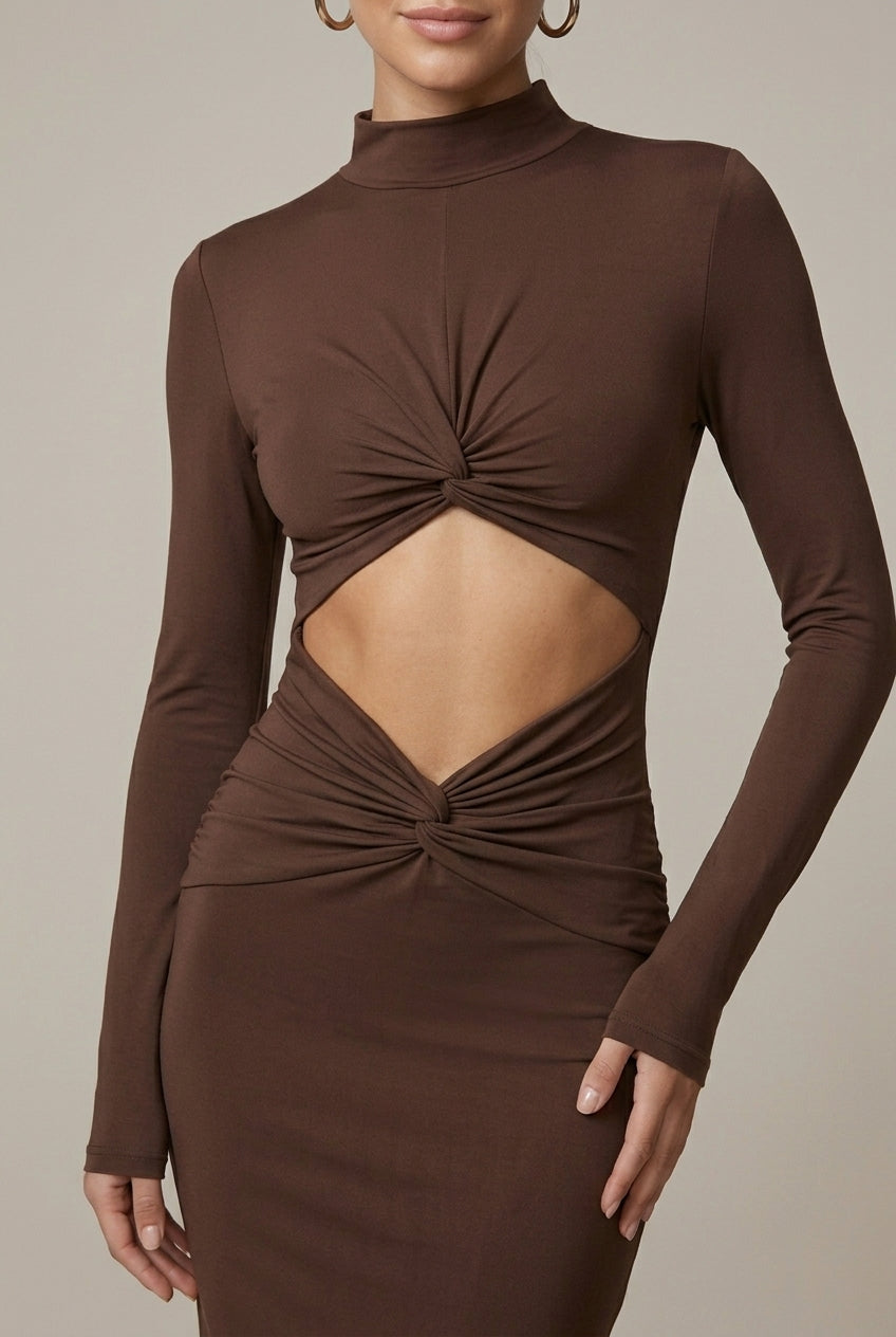 Women's High Neck Cut Out Long Sleeve Bodycon Maxi Dress