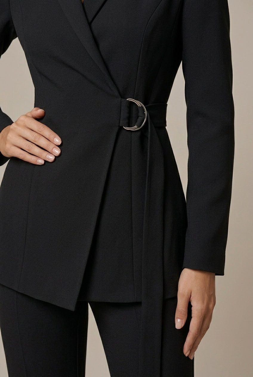 Women's Double-Breasted Blazer Wide Leg Pant Suit - Black Color