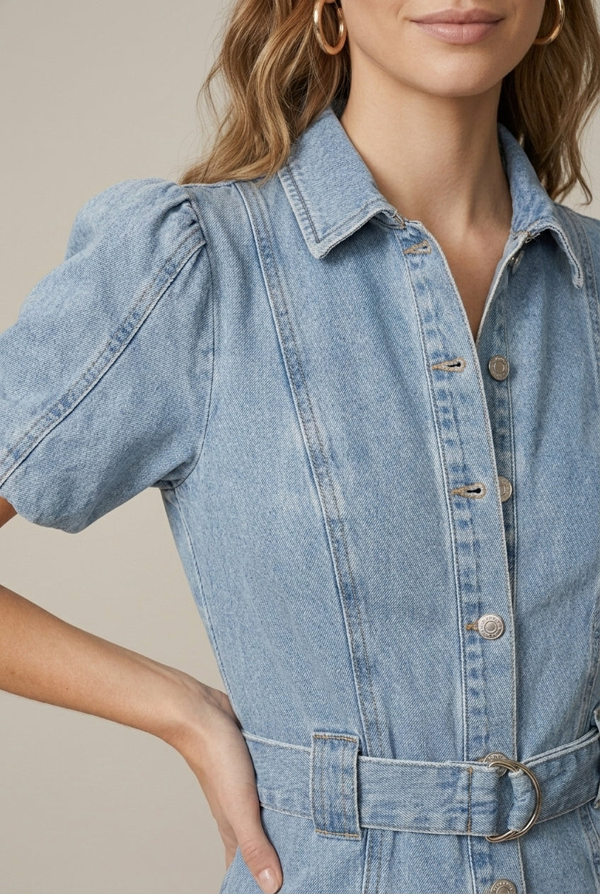 Women’s Denim Mini Dress – Short Length Button Front Design with Sleeves