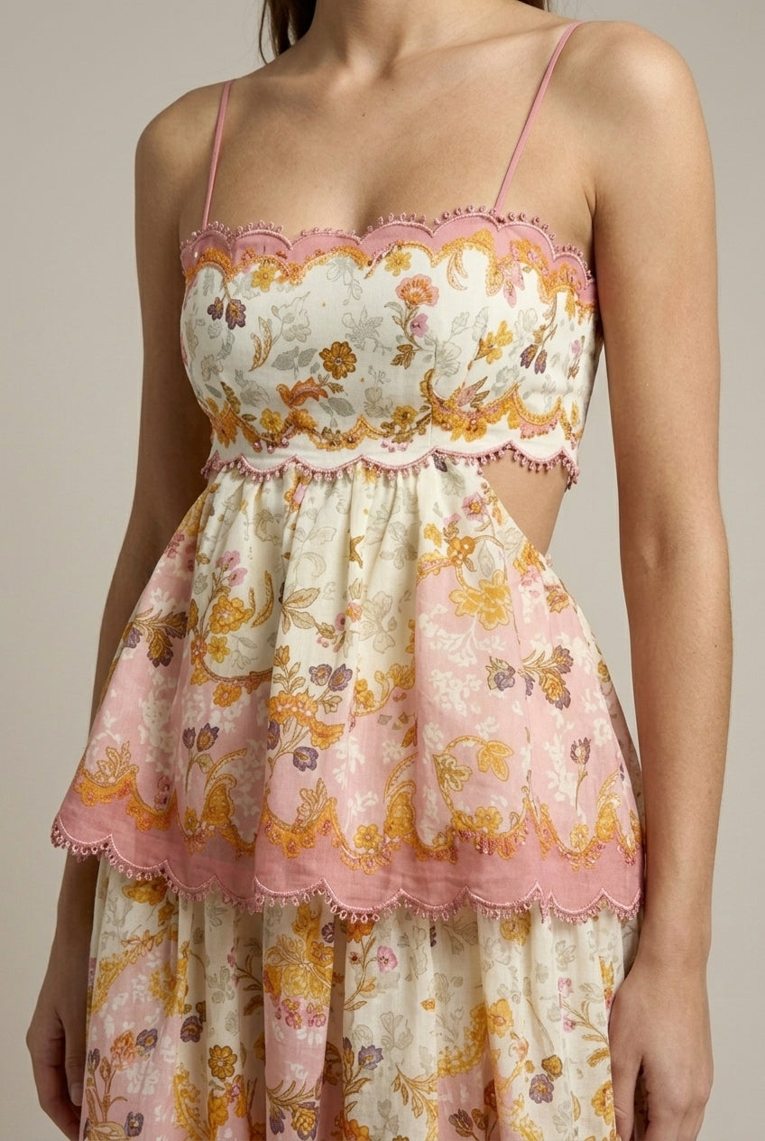 Women's Sleeveless Floral Print Maxi Dress - Scallop Trim - Tiered Skirt